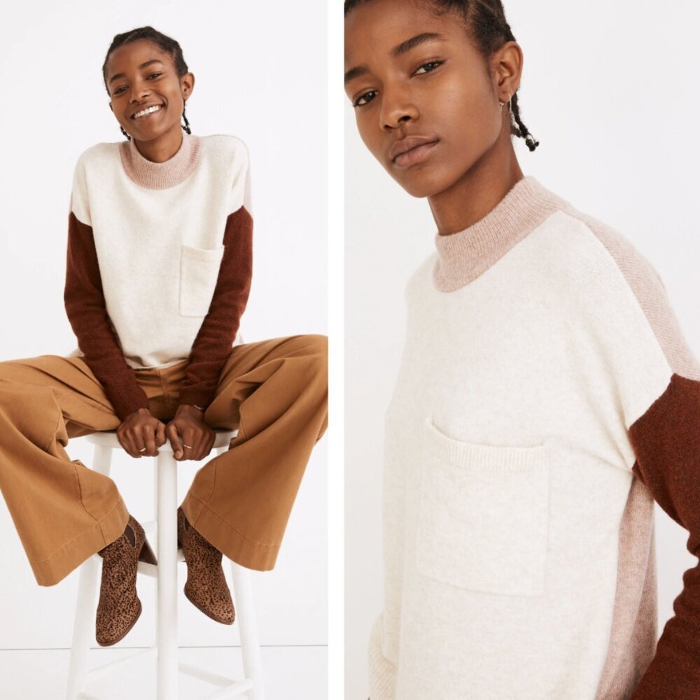 Madewell Cream, Taupe & Brown Colorblock Cowl-Neck Sweater